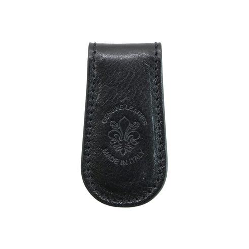 Black leather money clip with 'Ginori' branding on a white background